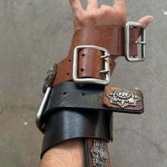 RARE Hugo Boss Y2K Grunge Multi-Layer Leather Belt with Ornate Emblems